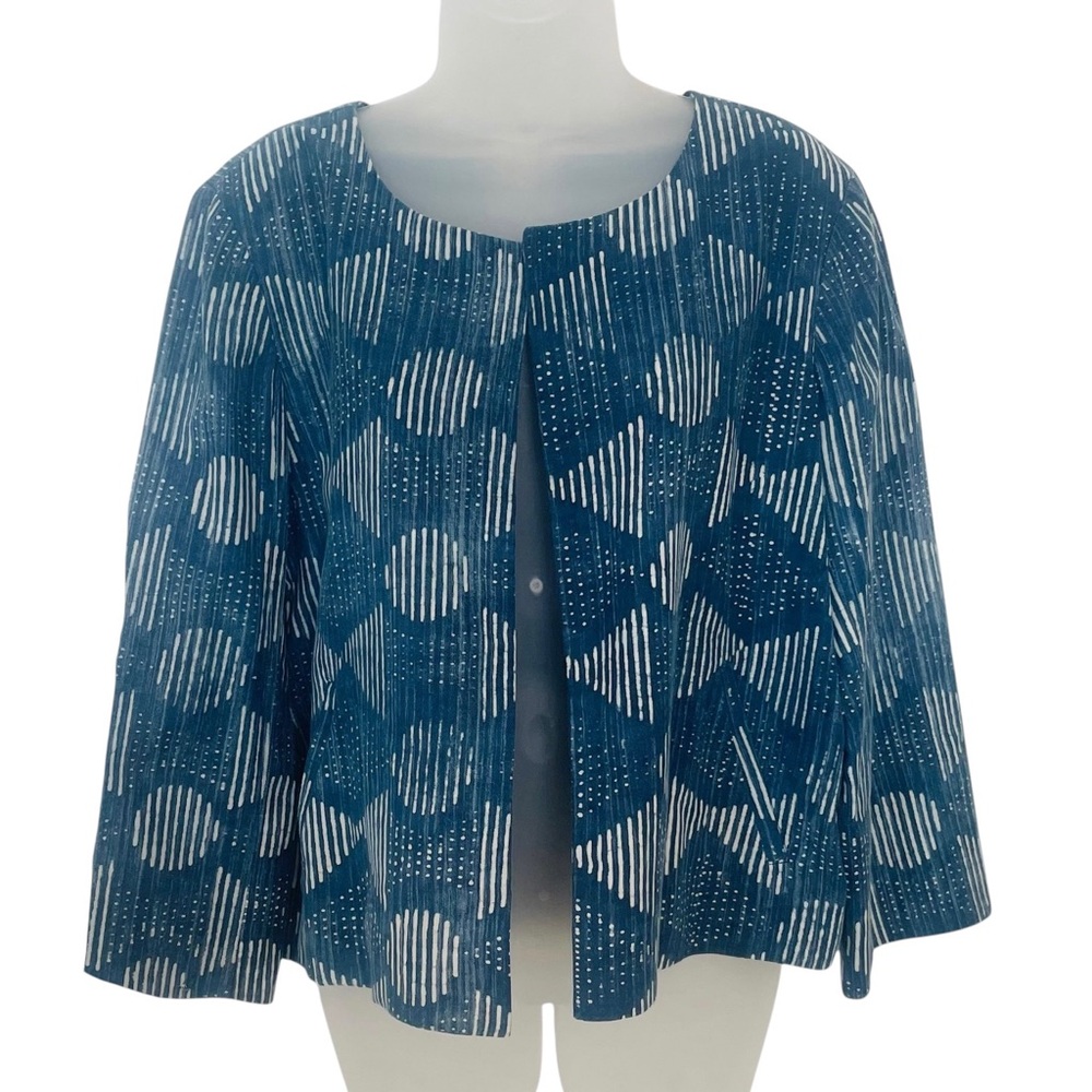 Eileen Fisher Hand Printed Indigo Blazer Jacket in Organic Cotton - Picture 2 of 9